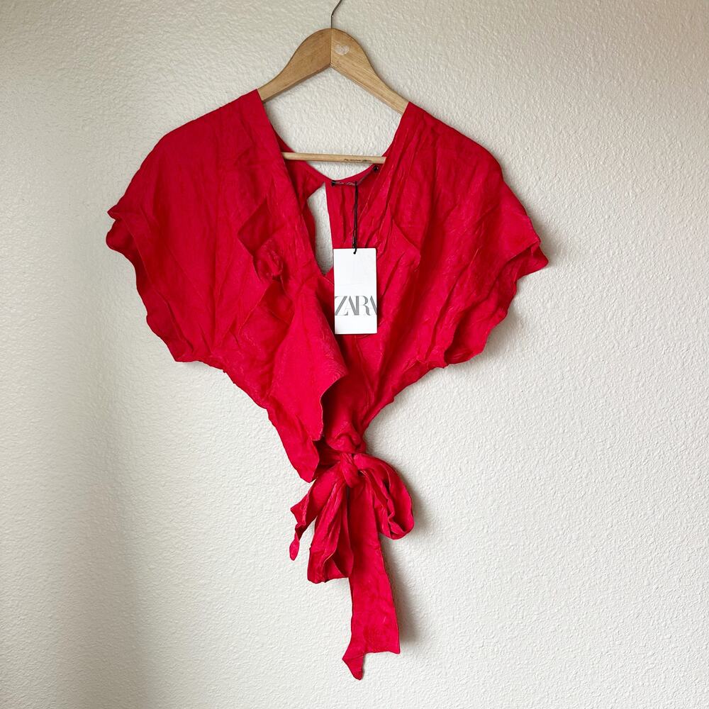NWT Zara Red Tie Front Crop Top Short Sleeve Blouse sz S - Picture 2 of 7